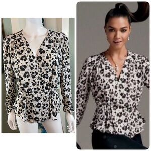 CAbi Rosette Leopard Floral Black White Peplum Wrap Blouse Small S 5898